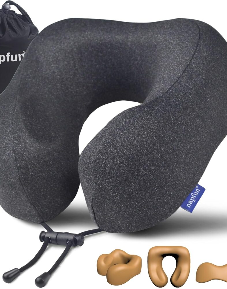 napfun Neck Pillow for Travel, Memory Foam Airplane Pillow, Full Black