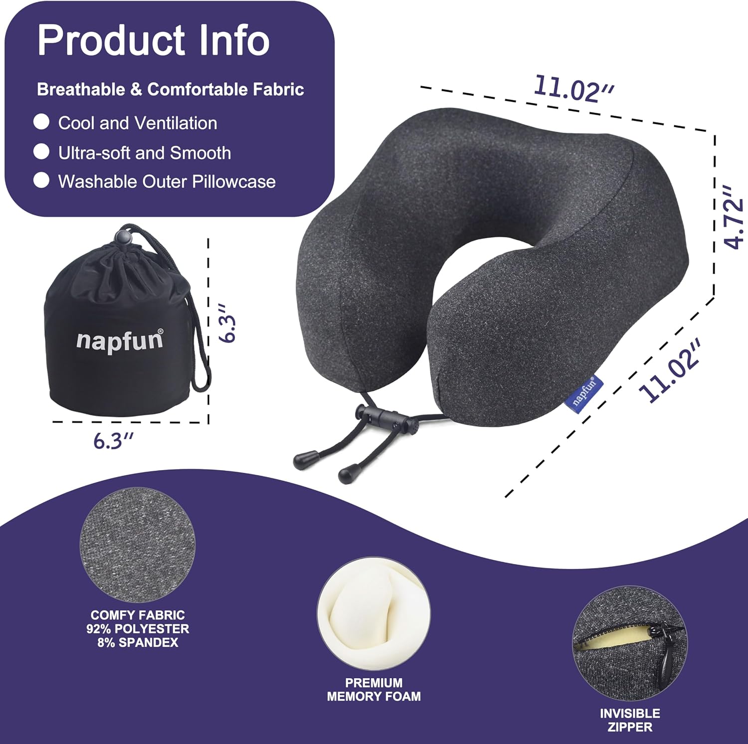 napfun Neck Pillow for Travel, Memory Foam Airplane Pillow, Full Black - Image 2